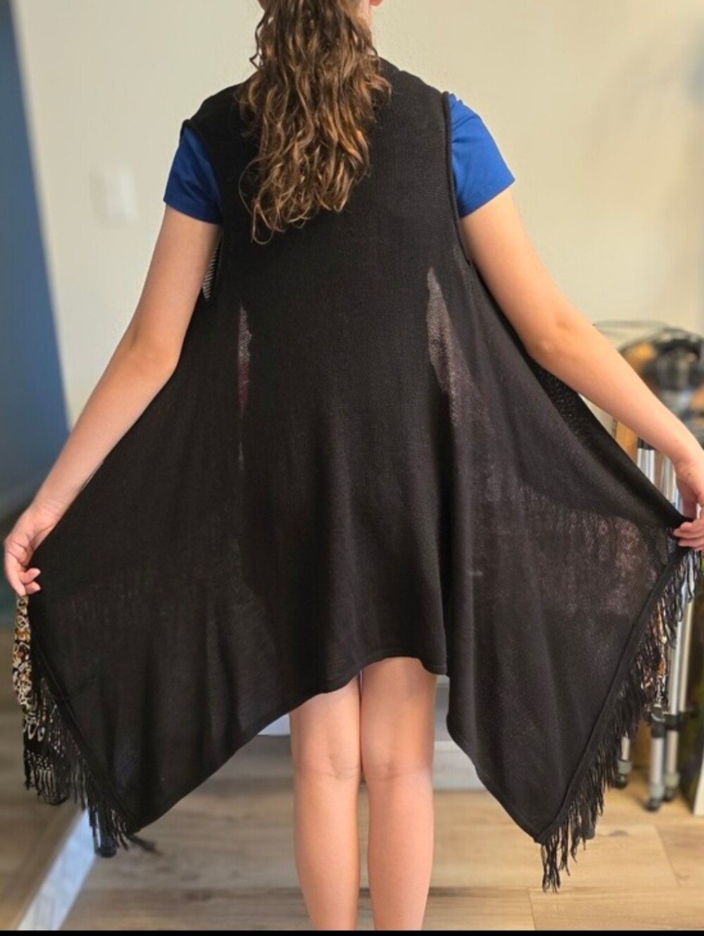 RXB Black Fringe Open-Front Shawl Knit Cardigan Sweater Vest